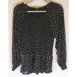 Love Story Black W Beige Polka Dot  Smocked Ruffle Peplum Long Sleeve Blouse L